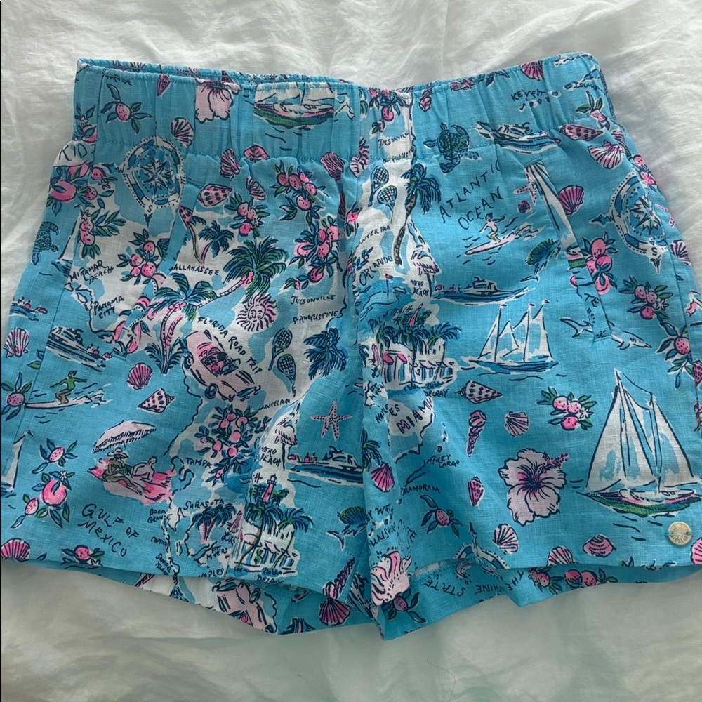 Lilly Pulitzer Lilo Lagoon Linen Shorts Amalfi Blue Lilly’s Roadtrip NWOT [1805]